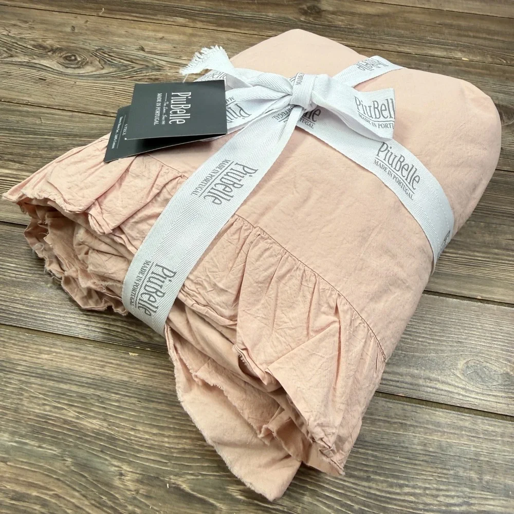 PiuBelle Queen Sheet Set Blush Pink 100% Cotton Ruffle Trim Made in Portugal NEW